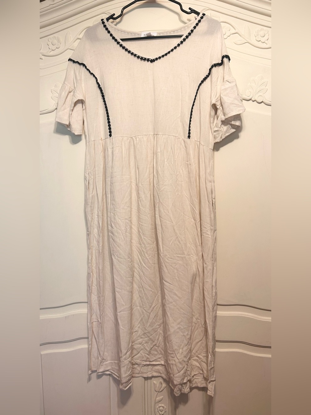 Cream Midi Dress with Black Trim Pom-Pom Detail